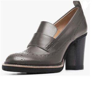 YDN Grey Women Chunky High Heels Round Toe Oxford Loafer